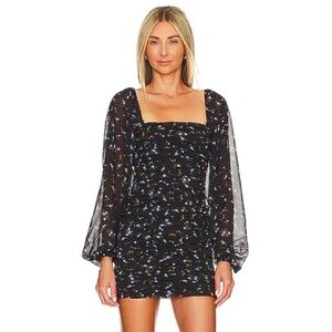 NWT Revolve Ruched long sleeve Mini Dress in Black Floral, size medium